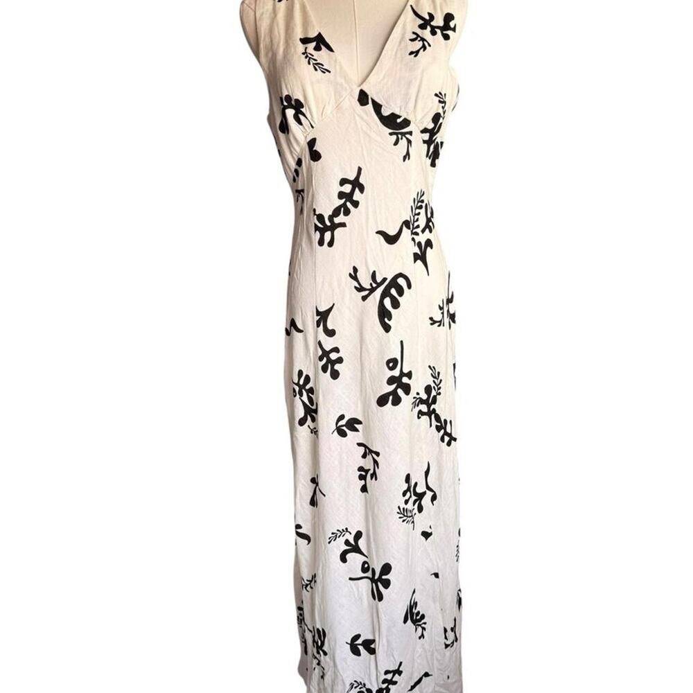 Paper Heart White Black Abstract Floral Linen Blend‎ Maxi Dress Medium